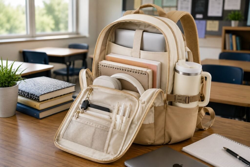 Inside the LOVEVOOK school backpack showing laptop sleeve, storage compartments, and school supplies