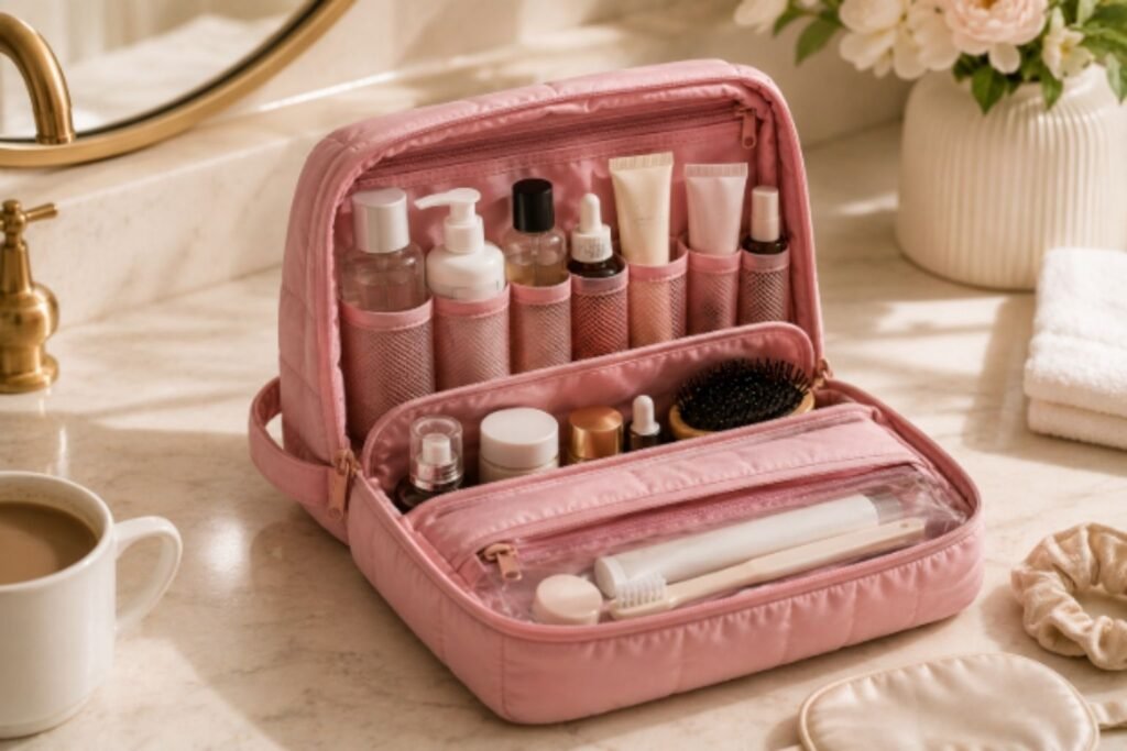 Packed Bagsmart Puffy Toiletry Bag sitting on a hotel bathroom countertop with organized skincare and beauty products ready for travel.
