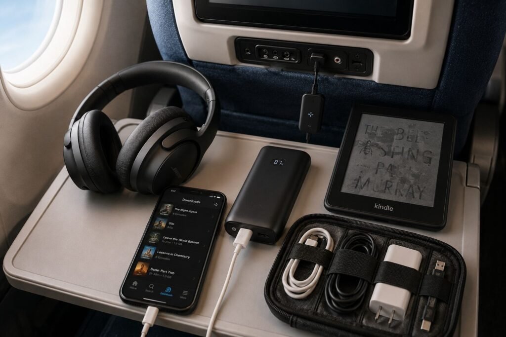 Airplane tray table with noise-canceling headphones, power bank, smartphone, e-reader, charging cables, and travel tech organizer for a long flight.
