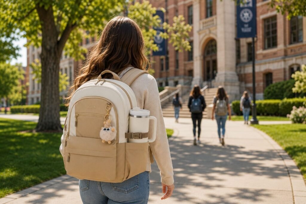 Teen girl carrying the LOVEVOOK school backpack for classes and daily use