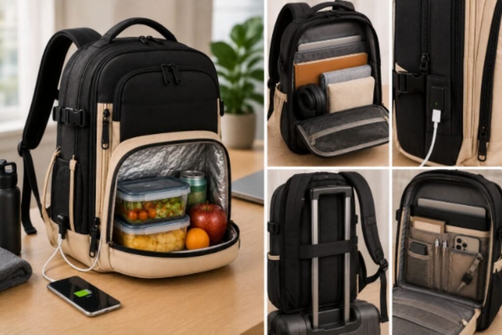 Maelstrom travel backpack with insulated lunch compartment, laptop storage, USB charging port, and organized compartments for commuting and travel.