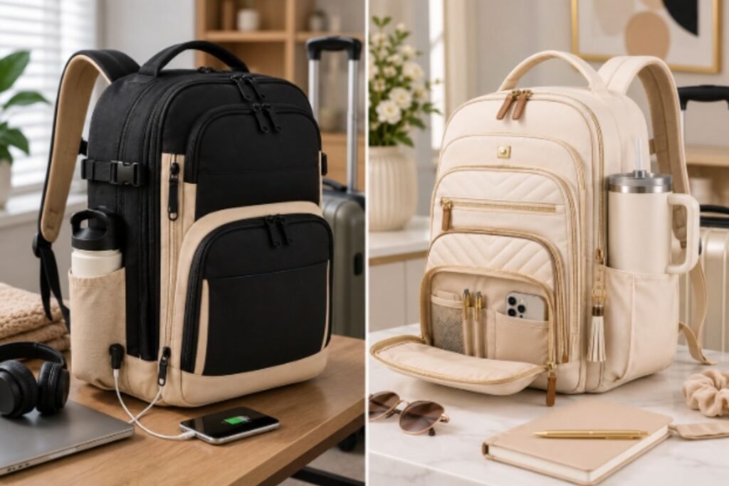 Comparison of Maelstrom and LOVEVOOK travel backpacks showing their different storage layouts, travel features, and everyday carry designs.