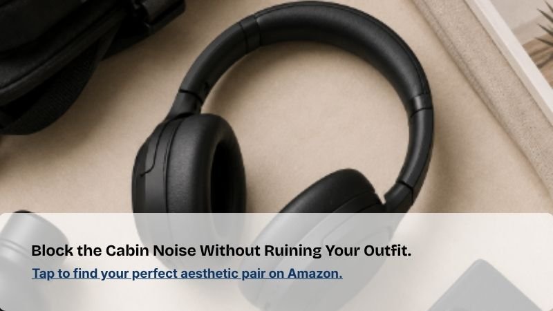 Minimalist black noise-cancelling headphones arranged with premium travel accessories on a clean neutral background