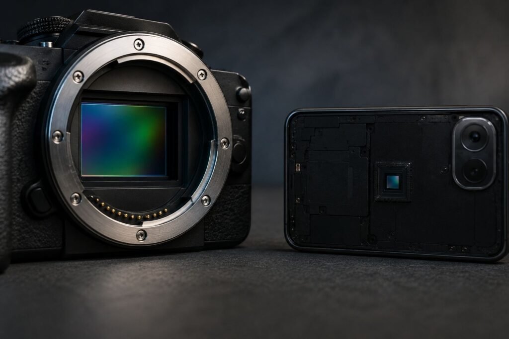 `Camera sensor size comparison showing dedicated camera versus smartphone sensor`