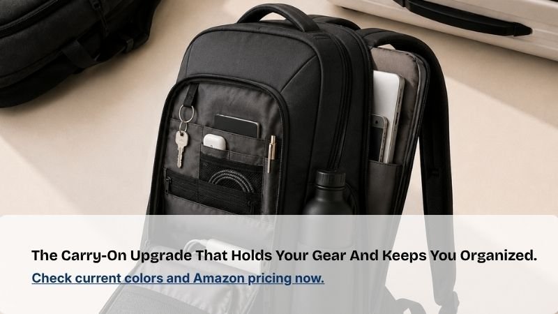 Modern travel backpack with organized compartments for everyday essentials, designed for commuting and travel on a clean neutral background