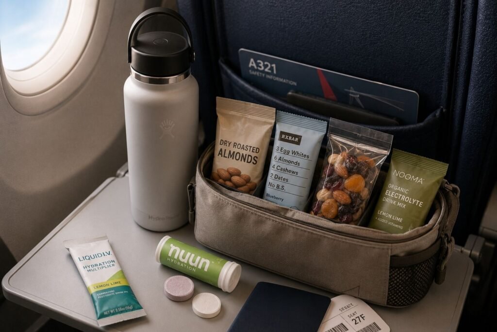 Insulated water bottle, healthy travel snacks, electrolyte packets, almonds, dried fruit, and protein bars arranged on an airplane tray table.