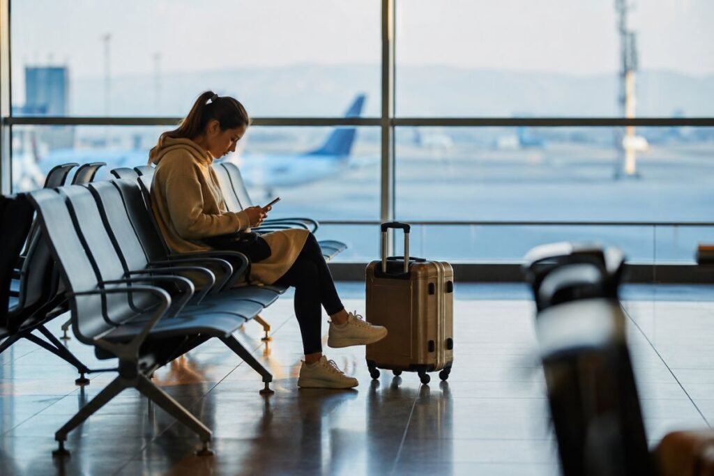 Solo traveler sitting alone at an airport gate looking at their phone