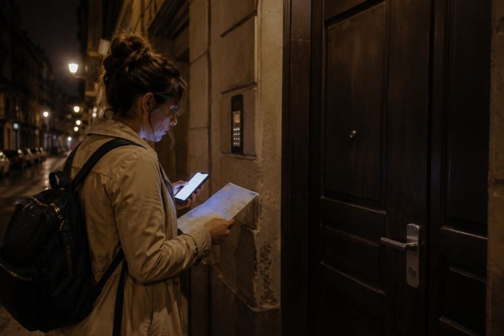 Traveler standing outside a locked apartment building at night checking a map on their phone