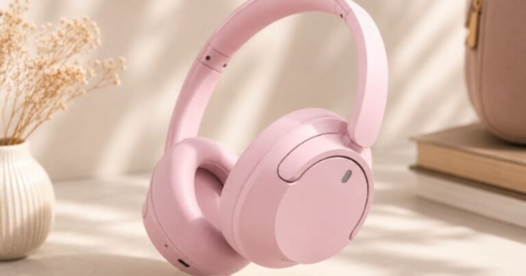 Sony WH-CH720N wireless noise-canceling headphones in soft pink displayed in a minimalist lifestyle setting with neutral decor and natural lighting.