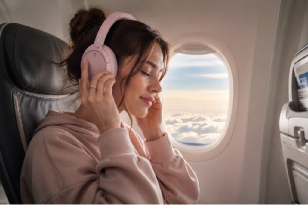 Woman wearing pink Sony noise-canceling headphones while relaxing in an airplane window seat during a long-haul flight.