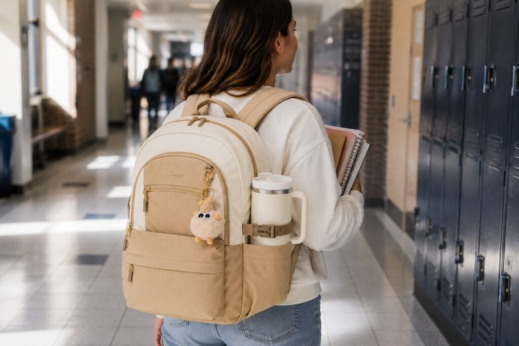 Student wearing the LOVEVOOK school backpack with books and a 40oz water bottle