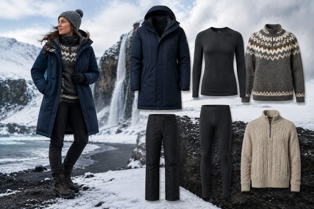 Essential clothing from an Iceland winter packing list including a waterproof parka and merino wool layers