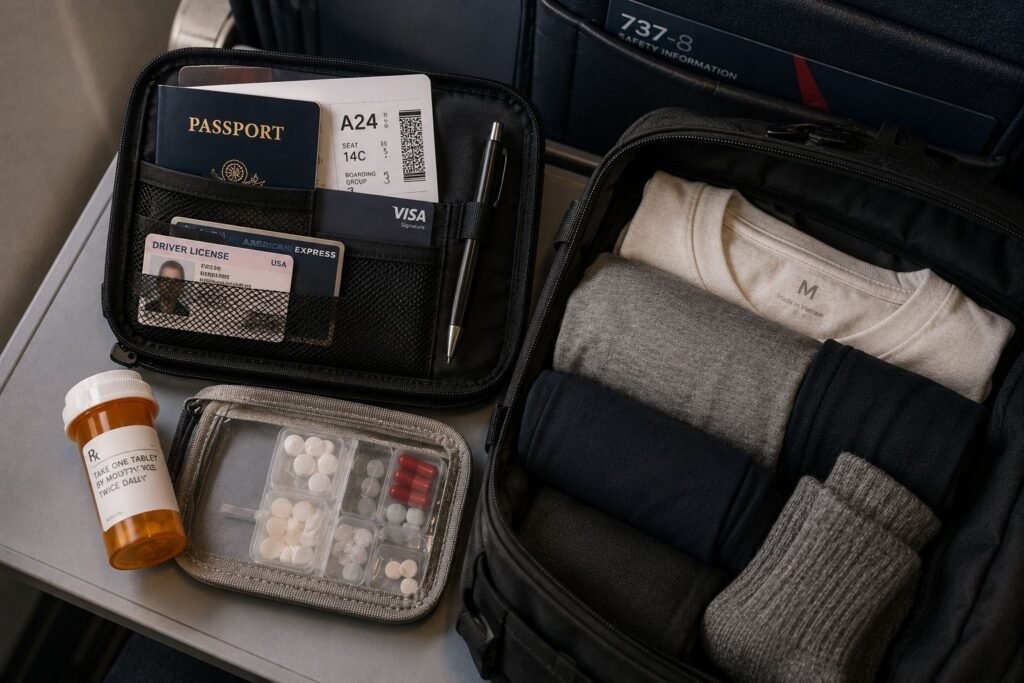 Travel document organizer with passport, boarding pass, ID, medication, backup clothes, and emergency essentials packed inside a personal item bag.