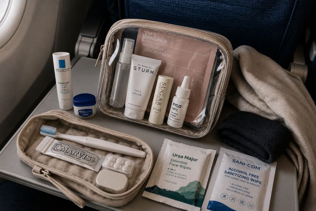 Clear travel toiletry pouch with moisturizer, lip balm, eye drops, toothbrush, sanitizing wipes, and personal care essentials on an airplane tray table.