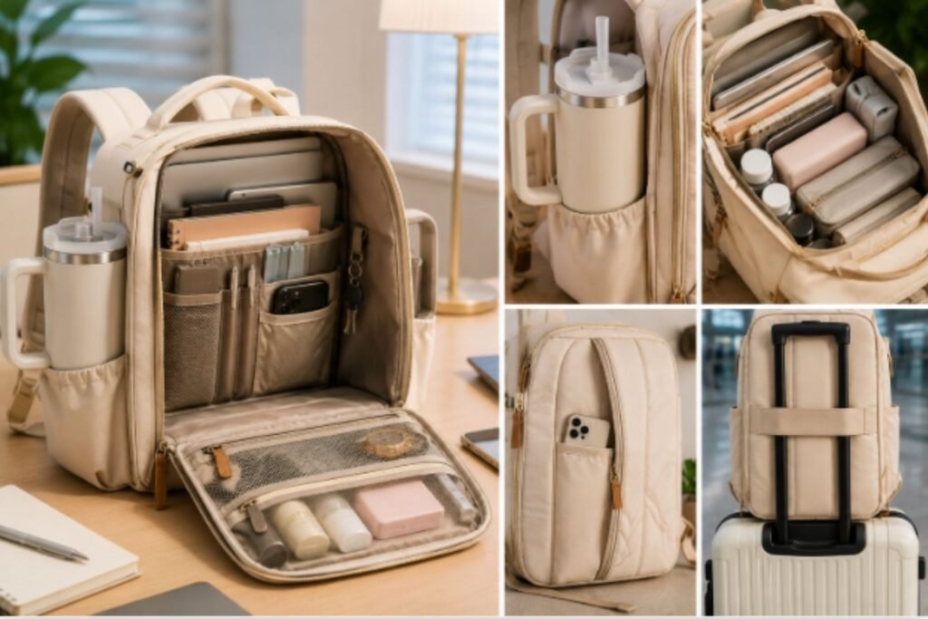LOVEVOOK travel backpack with wide doctor-style opening, organized interior compartments, oversized tumbler pocket, and luggage sleeve for work and travel.