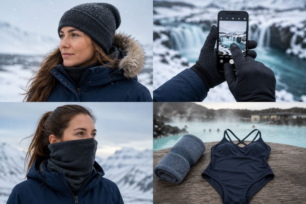 Iceland winter packing list accessories including insulated gloves, beanie, neck gaiter, swimsuit, and travel towel