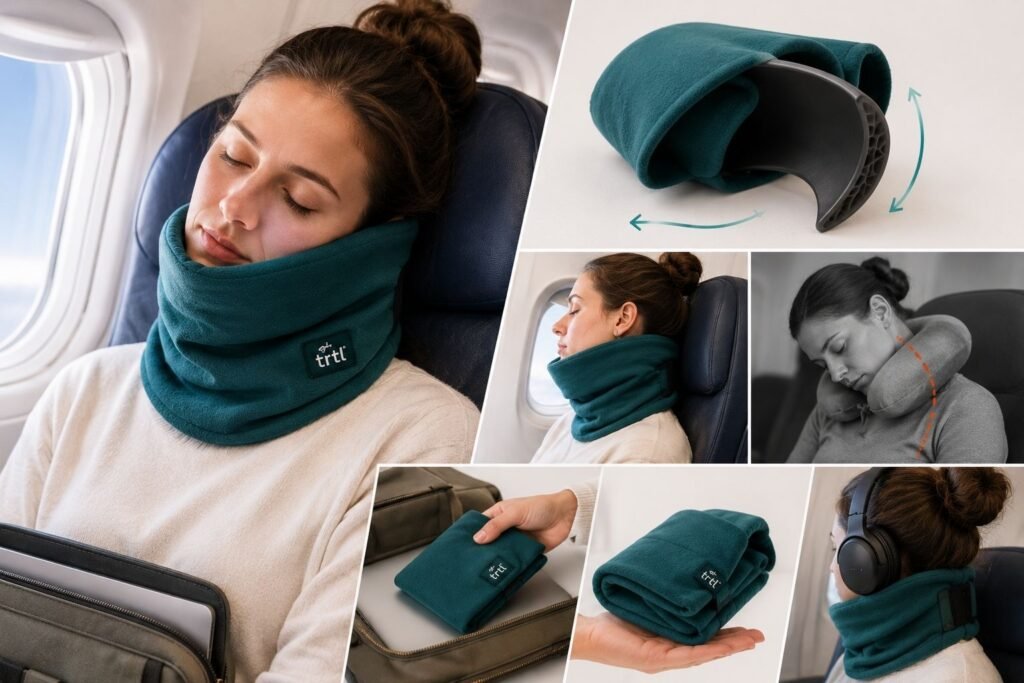 Traveler using a Trtl travel neck pillow with structured side support, showing how it folds flat and fits easily into a carry-on bag