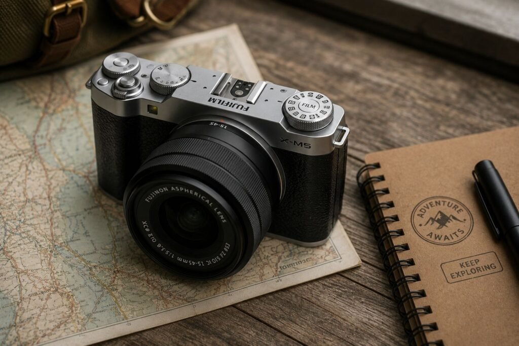 `Fujifilm X-M5 travel camera with film simulation dial`