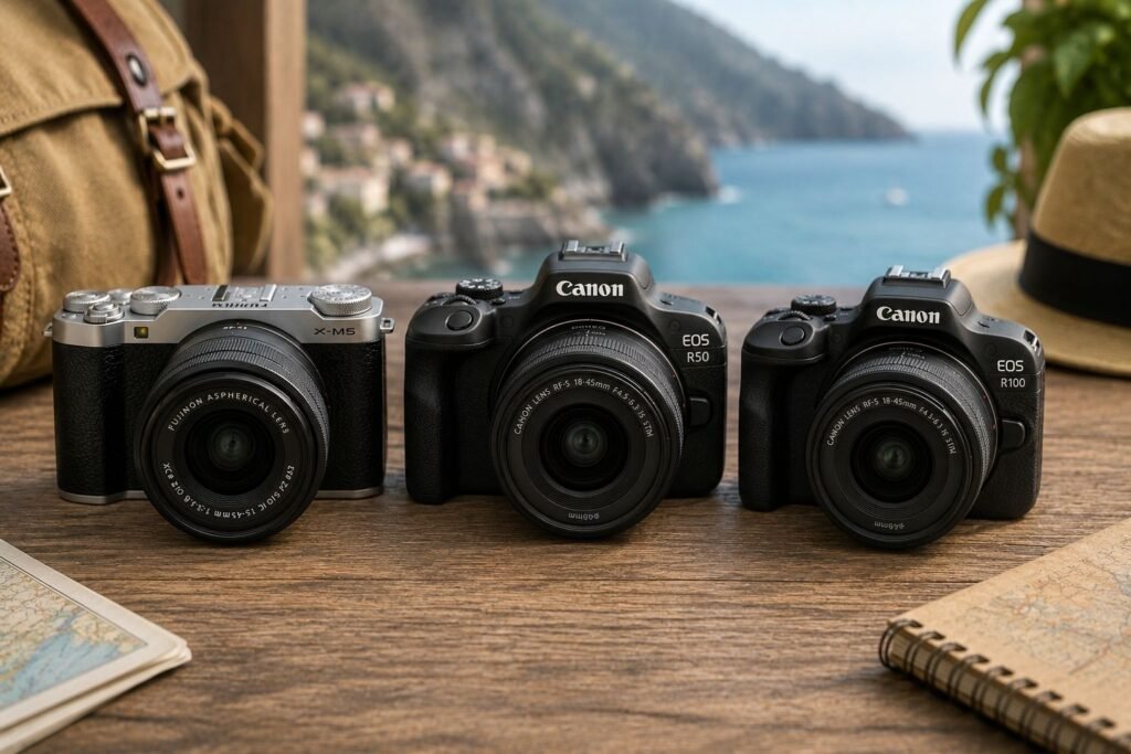 `Three best travel cameras for beginners lined up side by side`