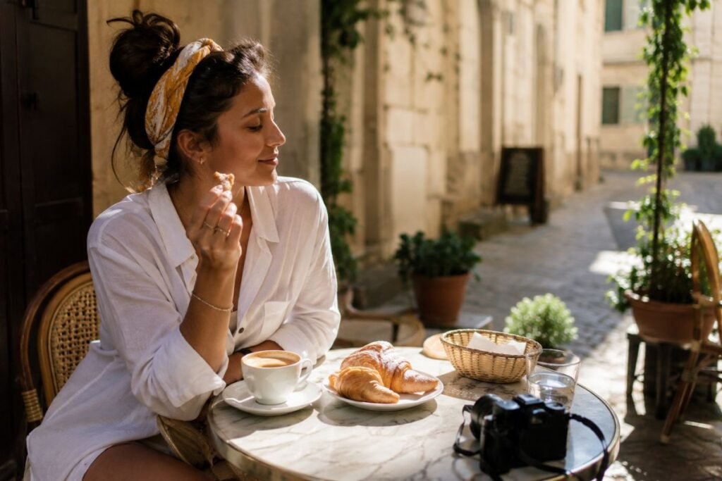 Traveler eating pastries at an outdoor café table on their third day abroad