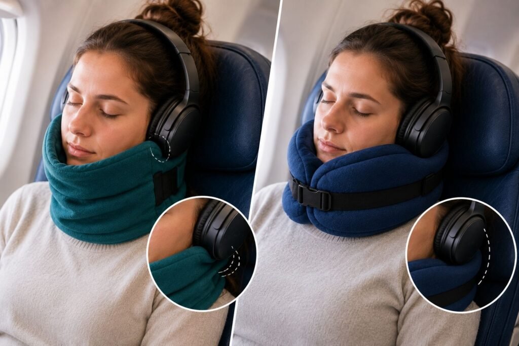Side-by-side comparison of Trtl and BCOZZY neck pillows worn with over-ear noise-cancelling headphones during a flight