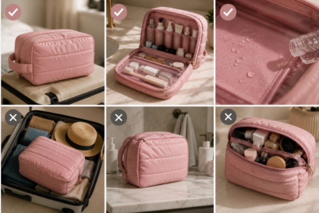 Bagsmart Puffy Toiletry Bag displayed in different travel scenarios, highlighting its spacious design, organized storage, and practical everyday use.