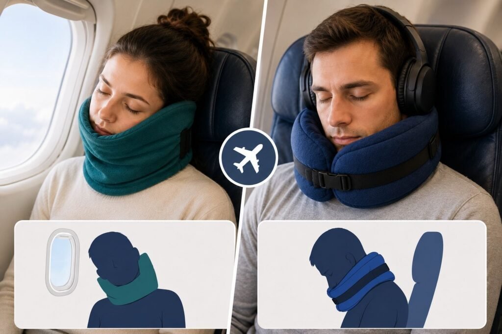 Comparison showing Trtl supporting a side sleeper against an airplane window and BCOZZY supporting a forward sleeper in an airplane seat