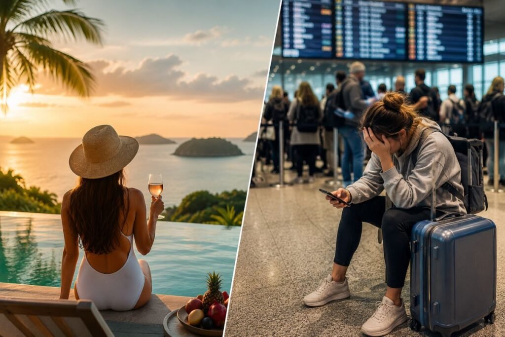 Contrast between a polished travel ad and the reality of a stressful airport moment