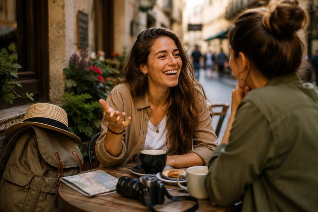 Traveler laughing while telling a friend a story over coffee after a rough travel day