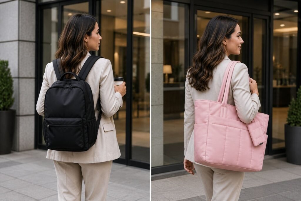Comparison of a professional woman using a backpack versus the LOVEVOOK puffer tote bag for work