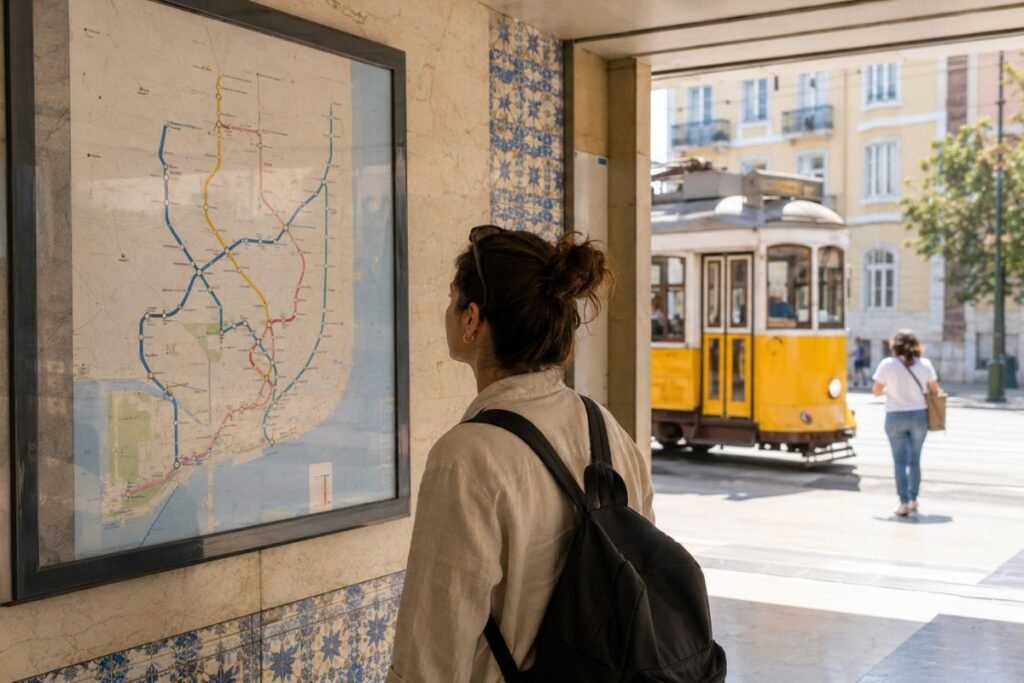 Lisbon metro sign near Alameda station used to plan a first day itinerary