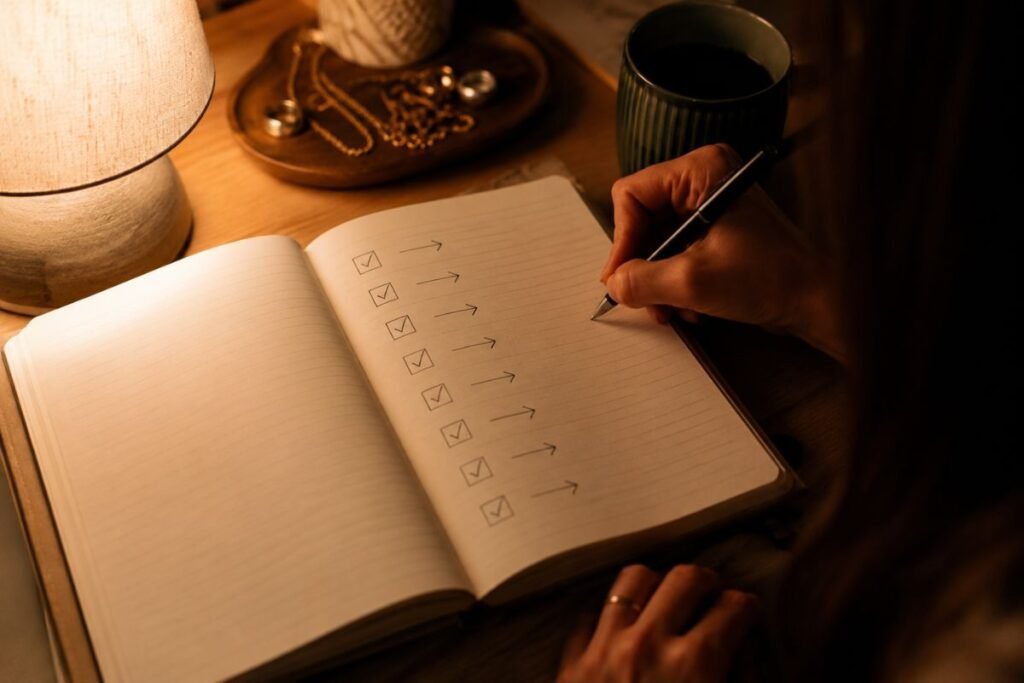 Handwritten worry list in a notebook with a next step beside each item