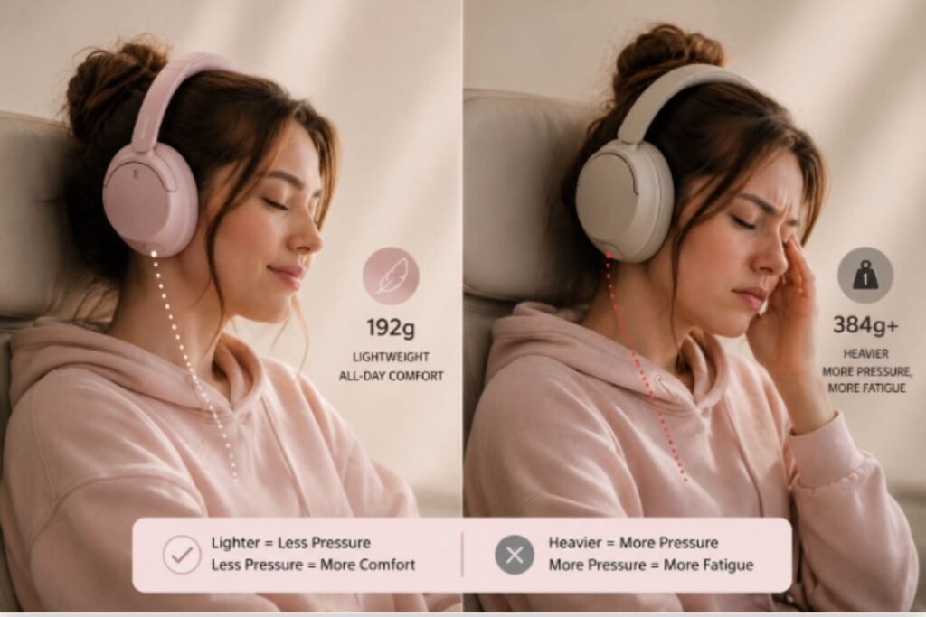 Side-by-side comparison of a woman wearing lightweight and heavier over-ear headphones, illustrating how headphone weight affects comfort during extended listening sessions.