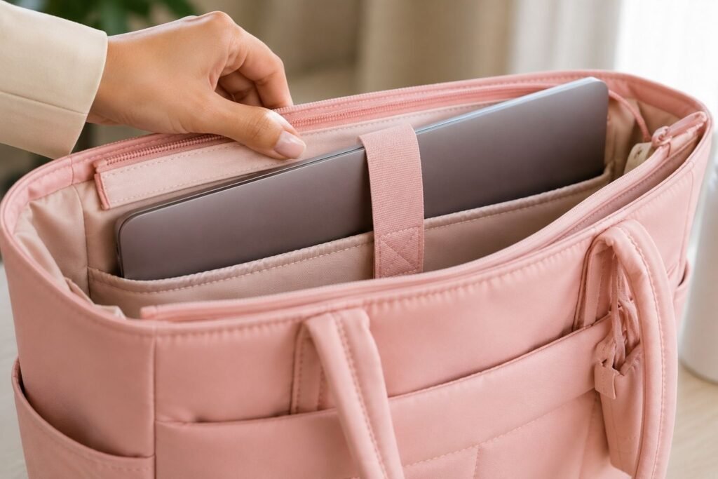 15.6 inch laptop fitting into the padded compartment of the LOVEVOOK puffer tote bag
