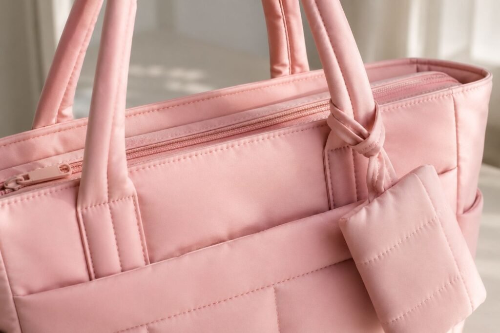 Close-up of the quilted fabric, zipper and shoulder straps on the LOVEVOOK puffer tote bag