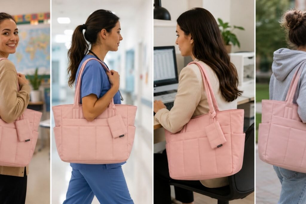 Teacher, nurse, office worker and college student carrying the LOVEVOOK puffer tote bag for daily use