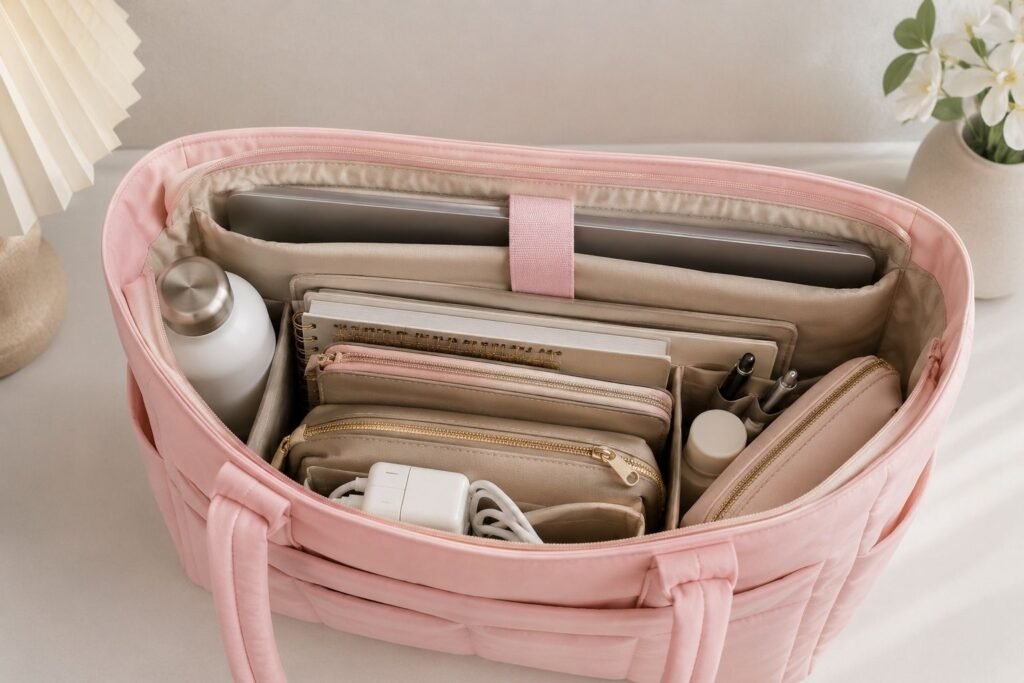 Inside the LOVEVOOK puffer tote bag showing padded laptop compartment and organized storage pockets