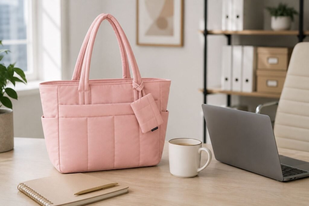 LOVEVOOK work tote bag beside a laptop and notebook in a modern office workspace