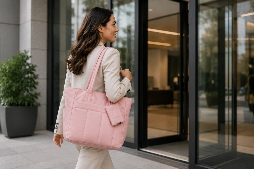 Professional woman carrying the LOVEVOOK puffer tote bag while walking into a modern office building