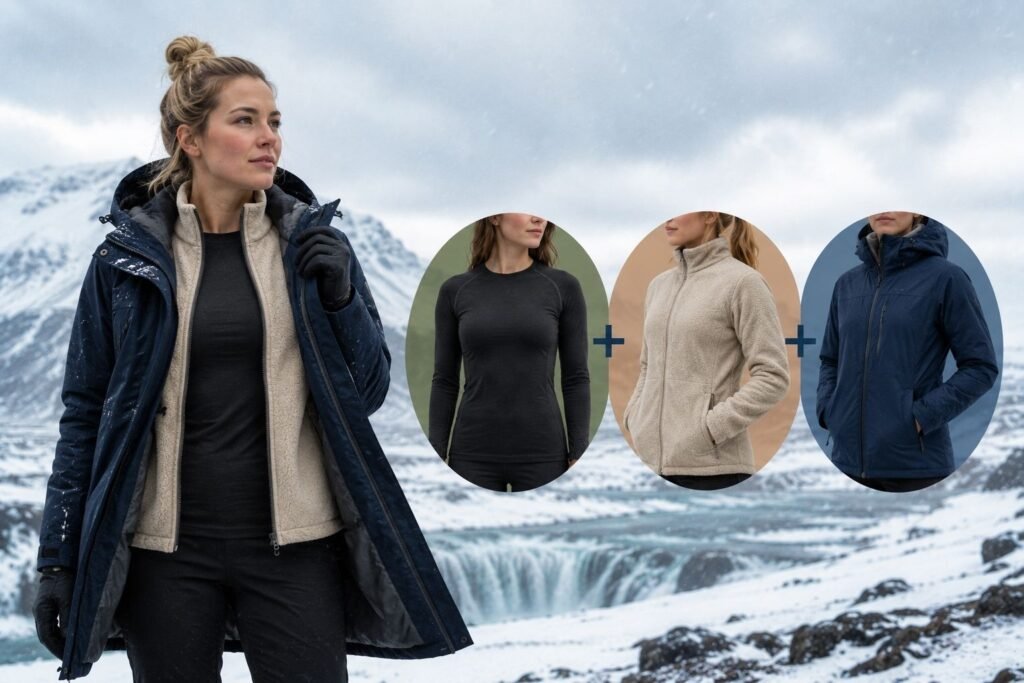 Iceland winter packing list showing the three layer clothing system for staying warm outdoors