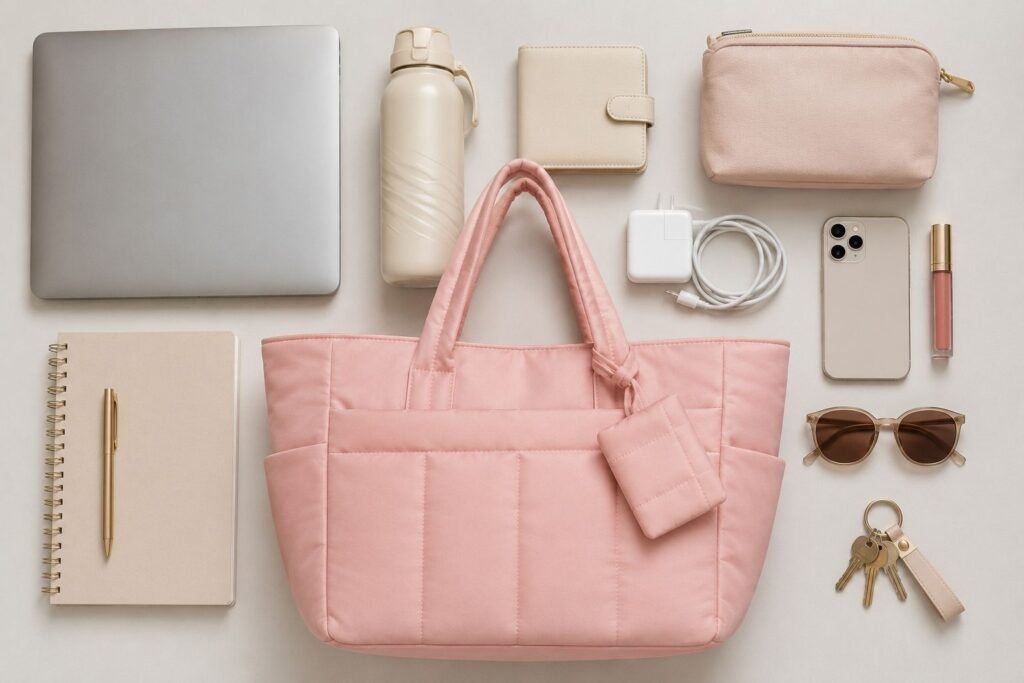 Everything that fits inside the LOVEVOOK puffer tote bag including laptop, notebook, water bottle, phone and everyday essentials