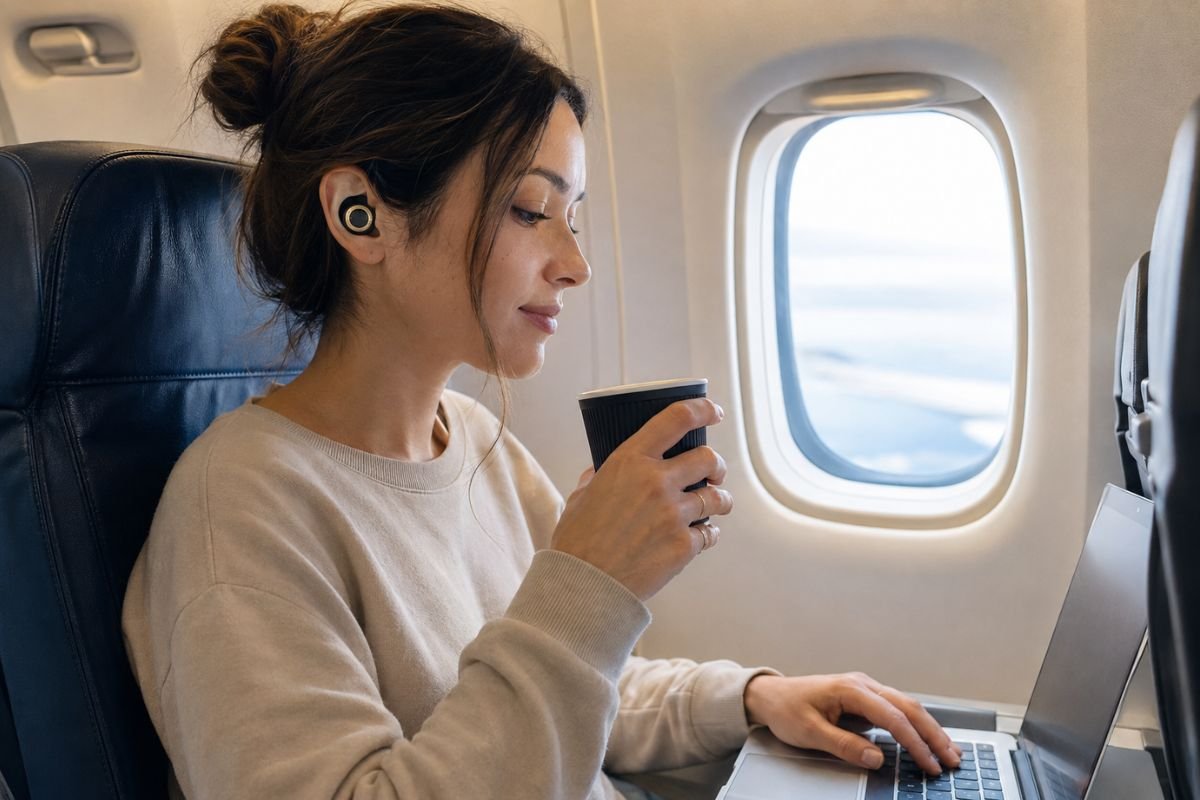 `Woman wearing Loop Switch 2 earplugs while relaxing in an airplane seat by the window`