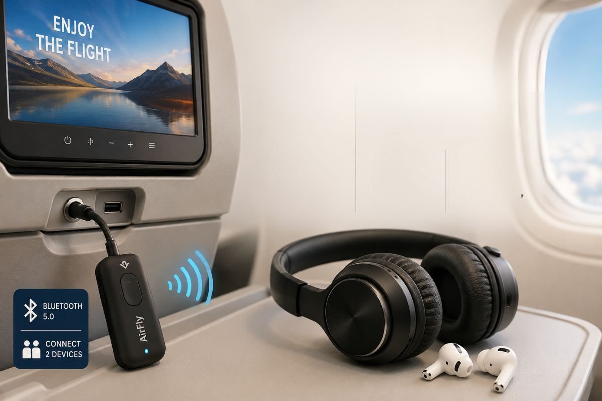 Twelve South AirFly Pro connected to an airplane seatback entertainment system with wireless headphones