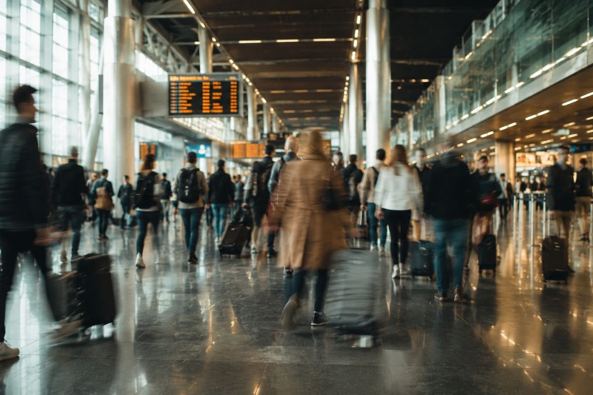 `Busy airport terminal with blurred crowds, showing sensory overload while traveling`