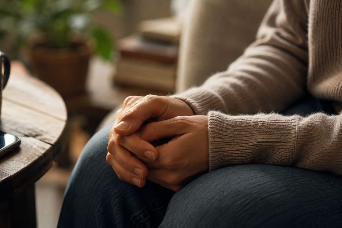 `Close-up of hands resting calmly, illustrating physical anxiety symptoms`