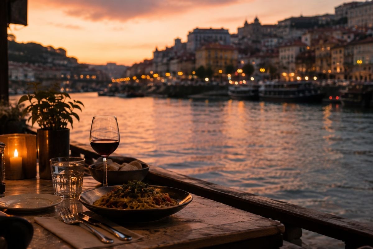 `Dinner table by a river at dusk, a quiet moment after a hard travel day`