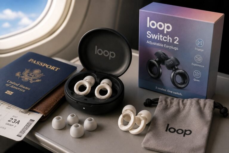 Loop Switch 2 earplugs shown with three listening modes for conversation, concerts, and quieter travel or sleep