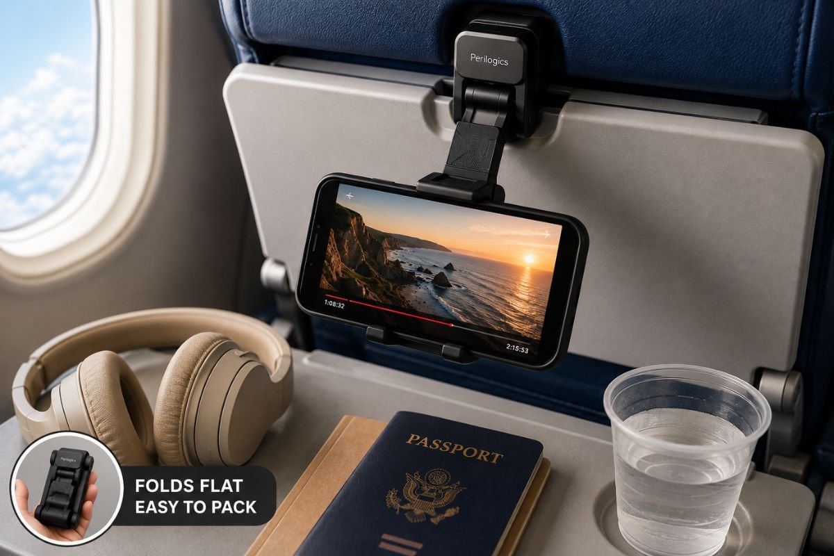 Perilogics airplane phone holder mounted to an airplane tray table, holding a smartphone for hands-free entertainment with travel essentials nearby