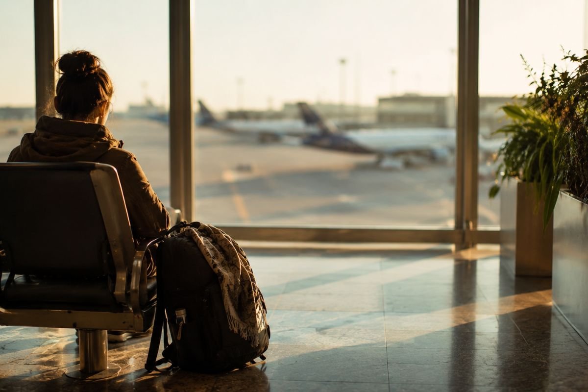 `Person sitting alone in a quiet airport corner, taking a grounding moment`