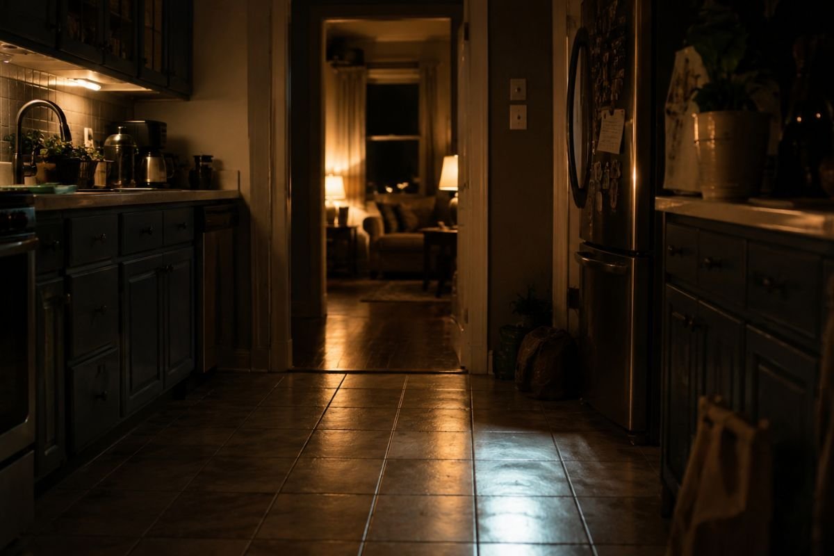 `Quiet kitchen at night, the moment before a wave of travel anxiety`